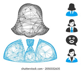 Vector net business lady. Geometric hatched carcass 2D net generated with business lady icon, designed with crossed lines. Some bonus icons are added.