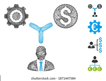 Vector net business scheme. Geometric hatched carcass flat net made from business scheme icon, designed from intersected lines. Some bonus icons are added.