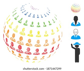 Esfera abstracta del empresario de la red de vectores. Red plana de marco lineal geométrica generada con un icono de esfera abstracta de empresario, diseñado con líneas cruzadas. Se añaden algunos iconos adicionales.