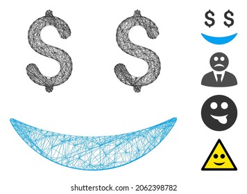Vector net businessman smile. Geometric wire carcass 2D net generated with businessman smile icon, designed with intersected lines. Some bonus icons are added.