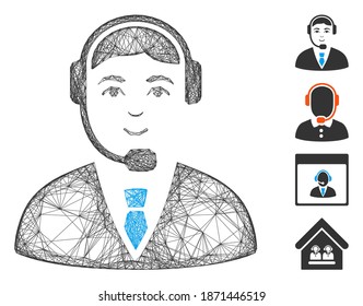 Vector net call center operator. Geometric wire frame flat net generated with call center operator icon, designed with intersected lines. Some bonus icons are added.