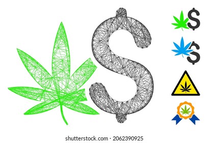 Negocio de cannabis neto vectorial. Red geométrica lineal de canal 2D generada con icono comercial de cannabis, diseñada con líneas cruzadas. Se añaden algunos iconos adicionales.