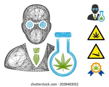 Vector net cannabis chemist. Geometric linear carcass 2D net made from cannabis chemist icon, designed from crossed lines. Some bonus icons are added.