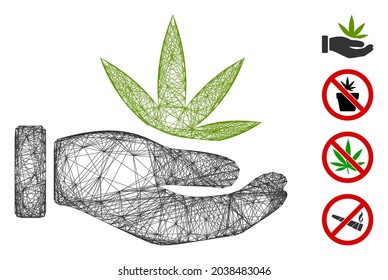 Vector net cannabis offer hand. Geometric wire frame 2D net made from cannabis offer hand icon, designed from intersected lines. Some bonus icons are added.