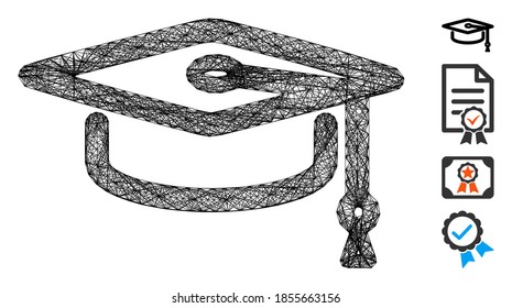 Licenciado en gorra de red de vectores. Red plana de canal lineal geométrica hecha con icono de graduación de la tapa, diseñada a partir de líneas interseccionadas. Se añaden algunos iconos adicionales.