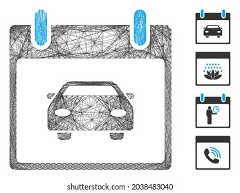 Día del calendario del coche neto del vector. Red plana de armazón de alambre geométrico generada con el icono del día del calendario del coche, diseñado con líneas cruzadas. Se añaden algunos iconos adicionales.