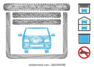Vector net car garage open. Geometric hatched carcass 2D net made from car garage open icon, designed from crossed lines. Some bonus icons are added.