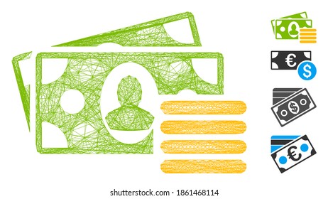 Dinero neto vectorial. Red plana de canales con eclosión geométrica hecha con icono de efectivo, diseñada a partir de líneas cruzadas. Se añaden algunos iconos adicionales.
