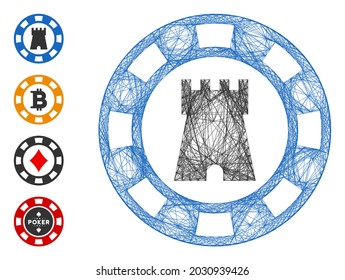 Vector net castle casino chip. Geometric linear carcass 2D net made from castle casino chip icon, designed from intersected lines. Some bonus icons are added.