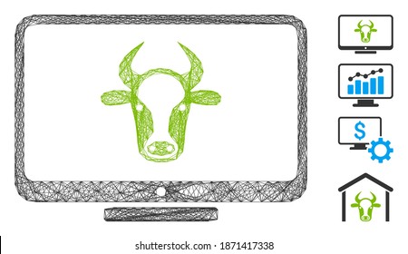 Vector net cattle monitor. Geometric wire carcass flat net made from cattle monitor icon, designed from crossing lines. Some bonus icons are added.