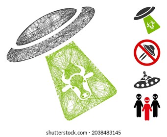 Vector net cattle UFO abduction. Geometric hatched frame 2D net generated with cattle UFO abduction icon, designed with crossed lines. Some bonus icons are added.