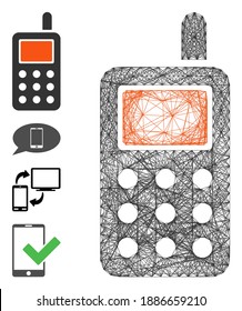 Teléfono móvil de red vectorial. Red plana de canales con tramo geométrico hecha de un icono de teléfono celular, diseñada a partir de líneas de cruce. Se añaden algunos iconos adicionales.