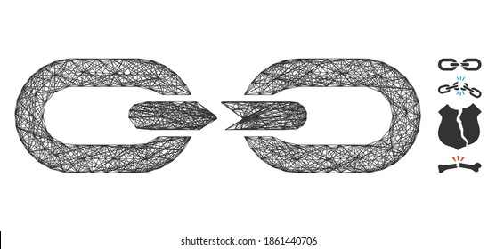 Vector net chain break. Geometric wire carcass flat net generated with chain break icon, designed with crossing lines. Some bonus icons are added.