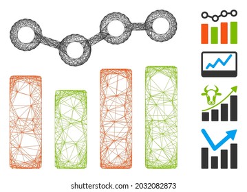 Vector net chart trend. Geometric hatched carcass flat net generated with chart trend icon, designed with crossed lines. Some bonus icons are added.