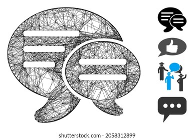 Vector net chat. Geometric hatched carcass flat net generated with chat icon, designed with crossed lines. Some bonus icons are added.