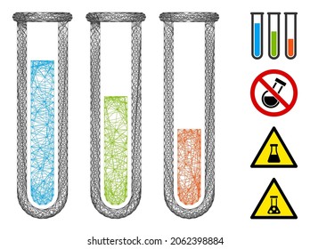 Vector net chemical analysis. Geometric linear carcass 2D net made from chemical analysis icon, designed from crossing lines. Some bonus icons are added.