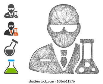 Vector net chemical scientist. Geometric hatched carcass flat net made from chemical scientist icon, designed from crossing lines. Some bonus icons are added.