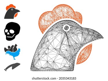 Vector net chicken head. Geometric hatched carcass flat net generated with chicken head icon, designed with crossed lines. Some bonus icons are added.