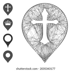 Vector net Christian cross marker. Geometric hatched carcass 2D net made from Christian cross marker icon, designed from crossing lines. Some bonus icons are added.