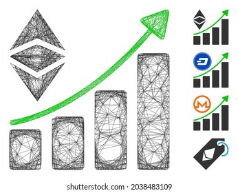 Tendencia de crecimiento del eéreo clásico neto vectorial. Red plana de canal lineal geométrica generada con el icono de tendencia de crecimiento del etéreo clásico, diseñado con líneas cruzadas. Se añaden algunos iconos adicionales.