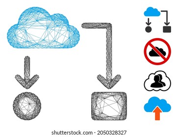Vector net cloud flow chart. Geometric hatched carcass 2D net made from cloud flow chart icon, designed from crossed lines. Some additional icons are added.