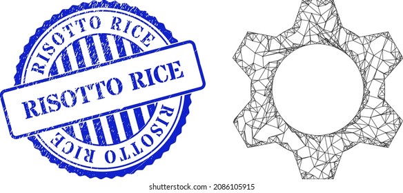 Vector net cog frame, and Risotto Rice blue round scratched seal. Linear frame net symbol created from cog icon, created with intersected lines. Blue seal includes Risotto Rice tag inside circle form.