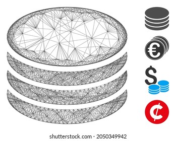 Vector net coin stack. Geometric hatched carcass flat net generated with coin stack icon, designed with crossing lines. Some additional icons are added.