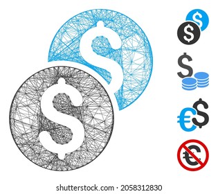 Vector net coins. Geometric linear frame flat net generated with coins icon, designed with intersected lines. Some bonus icons are added.