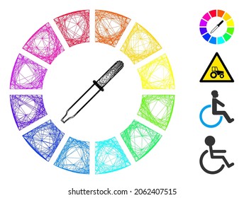 Rueda de color de red de vectores. Red 2D de marco lineal geométrico, hecha de un icono de rueda de color, diseñada a partir de líneas cruzadas. Se añaden algunos iconos adicionales.