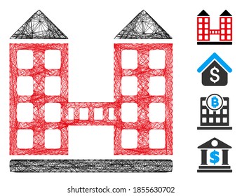 Vector net company building. Geometric hatched frame 2D net based on company building icon, designed from intersected lines. Some bonus icons are added.