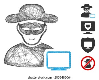 Vector net computer hacker. Geometric wire frame 2D net made from computer hacker icon, designed from intersected lines. Some bonus icons are added.