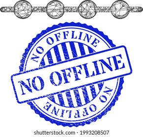 Vector net connected dots line frame, and No Offline blue rosette rubber seal imitation. Linear carcass net image designed with connected dots line icon, generated with crossing lines.