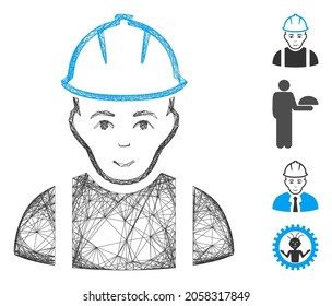 Vector net contractor. Geometric hatched carcass flat net generated with contractor icon, designed with intersected lines. Some bonus icons are added.