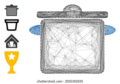 Cocina de redes vectoriales. Red plana de canal geométrica de alambre hecha de un icono de la olla de cocina, diseñada a partir de líneas entrelazadas. Se añaden algunos iconos adicionales.