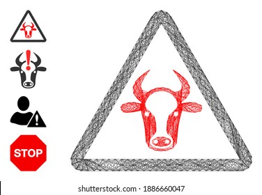 Peligro de la vaca vectora neta. Red plana de canales con eclosión geométrica hecha con un icono de peligro de vaca, diseñada a partir de líneas cruzadas. Se añaden algunos iconos adicionales.