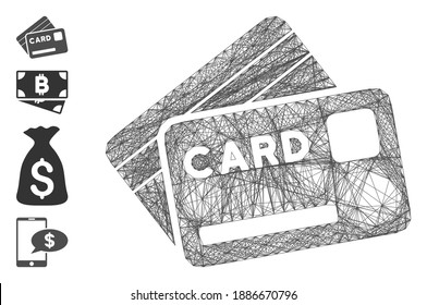 Vektornetto-Kreditkarten. Geometrisches lineares Carcass-Flachnetz auf der Grundlage von Kreditkarten-Symbol, konstruiert mit Kreuzlinien. Es werden einige Bonussymbole hinzugefügt.