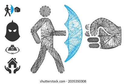 Vector net crime protection. Geometric hatched carcass flat net made from crime protection icon, designed from crossing lines. Some bonus icons are added.