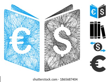 Vector net currency book. Geometric hatched frame flat net generated with currency book icon, designed with crossed lines. Some bonus icons are added.