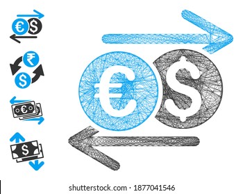 Vector net currency exchange. Geometric wire carcass 2D net made from currency exchange icon, designed from crossed lines. Some bonus icons are added.