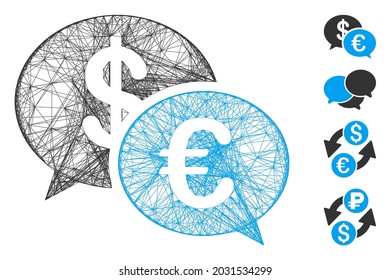 Vector net currency transaction messages. Geometric wire frame 2D net generated with currency transaction messages icon, designed with intersected lines. Some bonus icons are added.