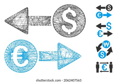 Vector net currency transfers. Geometric wire carcass flat net generated with currency transfers icon, designed with intersected lines. Some bonus icons are added.