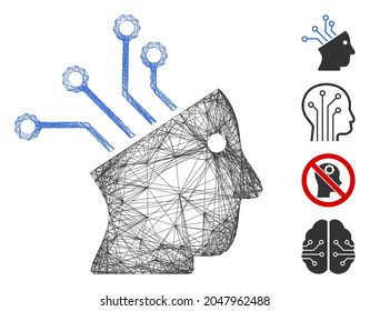 Vector net cyborg brain circuit. Geometric hatched carcass flat net made from cyborg brain circuit icon, designed from intersected lines. Some similar icons are added.