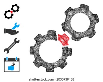 Vector net damaged gears. Geometric wire frame 2D net generated with damaged gears icon, designed with intersected lines. Some bonus icons are added.