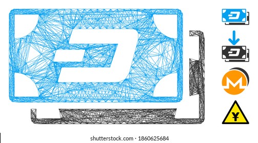 Billetes de la red de vectores Dash. Red plana con marco geométrico de alambre de alambre hecha de un icono de billetes Dash, diseñada con líneas cruzadas. Se añaden algunos iconos adicionales.