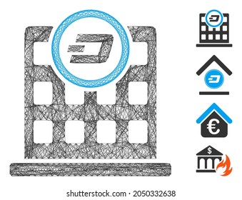 Vector net Dash corporation building. Geometric linear frame flat net made from Dash corporation building icon, designed from intersected lines. Some other icons are added.