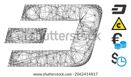 Vector net Dash currency. Geometric hatched frame flat net made from Dash currency icon, designed from intersected lines. Some bonus icons are added.