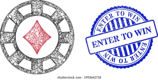 Diamantes de red vectores casquillos de chips de casino y Entrar para ganar sello de marca de rosette azul arañado. Imagen cruzada de la red de canales basada en el icono de chip del casino de diamantes, hecho de cruzar líneas.