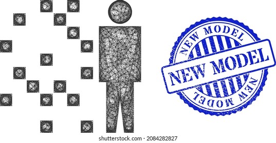 Vector net digital man synthesis wireframe, and New Model blue rosette unclean seal. Hatched frame net image created from digital man synthesis icon, is generated from crossed lines.