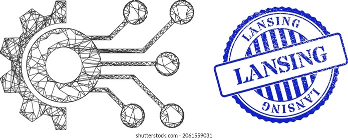 Vector net digital mechanics wireframe, and Lansing blue rosette grunge stamp seal. Linear frame network illustration created from digital mechanics pictogram, is created from crossed lines.