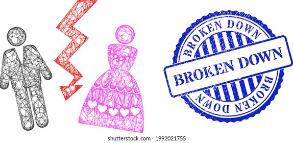 Vector net divorce persons frame, and Broken Down blue rosette rubber seal print. Hatched frame network image created from divorce persons pictogram, created with crossed lines.